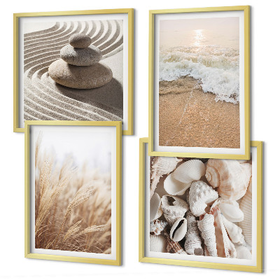 Composizione di 4 quadri Motivi da spiaggia, conchiglie, onde