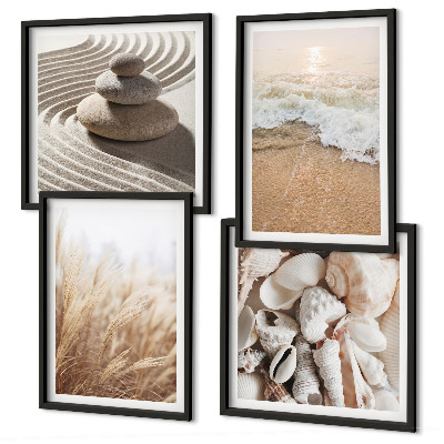 Composizione di 4 quadri Motivi da spiaggia, conchiglie, onde