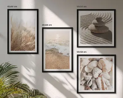 Composizione di 4 quadri con motivi di spiaggia, conchiglie e onde