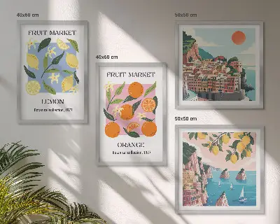 Composizione di 4 quadri con poster di frutta limoni e arance