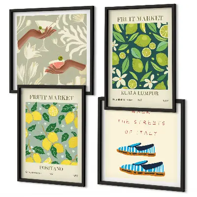 Composizione di 4 quadri disegni di frutta in stile poster italiano