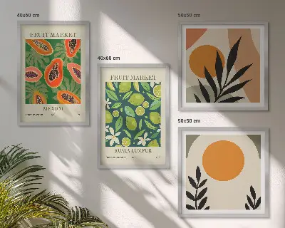 Galleria a parete con motivi boho con papaya