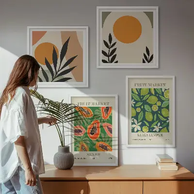 Galleria a parete con motivi boho con papaya