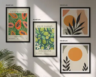 Galleria a parete con motivi boho con papaya