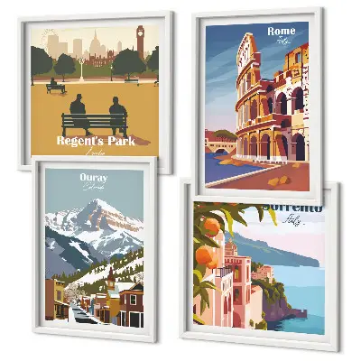 Set di 4 quadri illustrazioni di luoghi famosi in stile retrò
