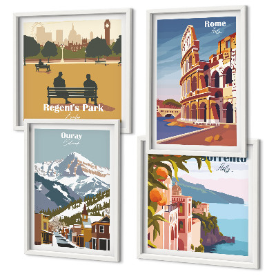 Composizione di 4 quadri Illustrazioni in stile retrò di luoghi famosi