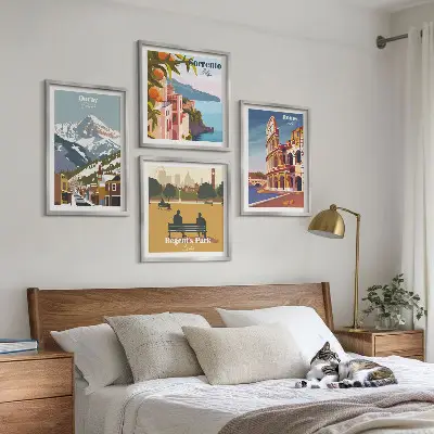 Set di 4 quadri illustrazioni di luoghi famosi in stile retrò
