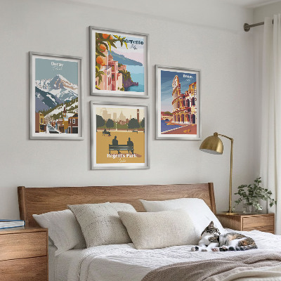 Composizione di 4 quadri Illustrazioni in stile retrò di luoghi famosi