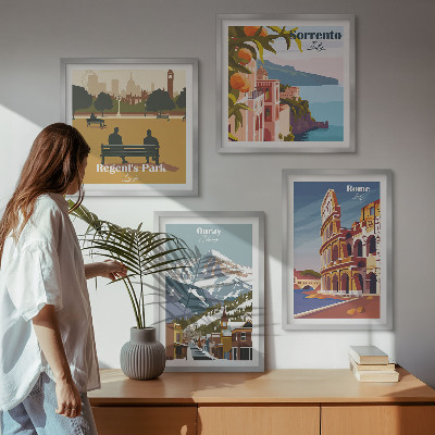 Composizione di 4 quadri Illustrazioni in stile retrò di luoghi famosi