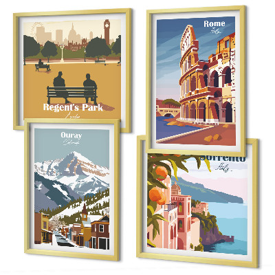 Composizione di 4 quadri Illustrazioni in stile retrò di luoghi famosi