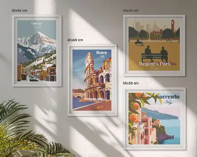 Set di 4 quadri illustrazioni di luoghi famosi in stile retrò