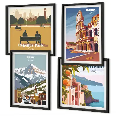 Set di 4 quadri illustrazioni di luoghi famosi in stile retrò