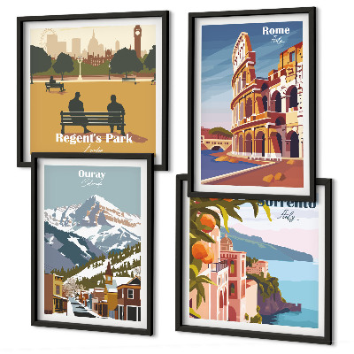 Composizione di 4 quadri Illustrazioni in stile retrò di luoghi famosi