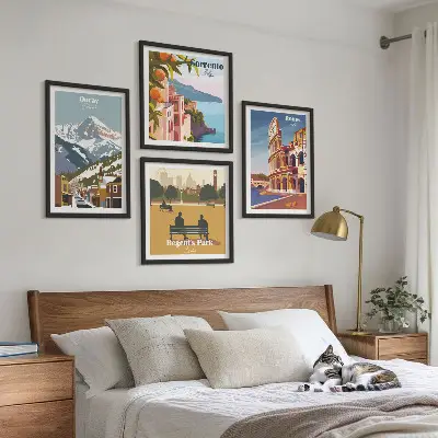 Set di 4 quadri illustrazioni di luoghi famosi in stile retrò