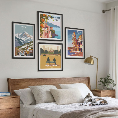 Composizione di 4 quadri Illustrazioni in stile retrò di luoghi famosi