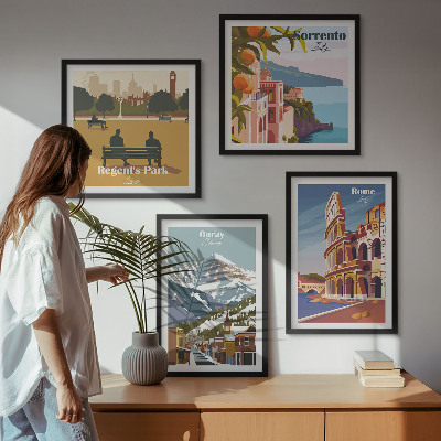 Composizione di 4 quadri Illustrazioni in stile retrò di luoghi famosi