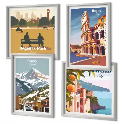 Set di 4 quadri illustrazioni di luoghi famosi in stile retrò