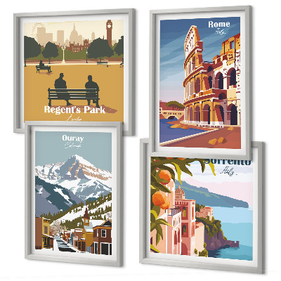 Composizione di 4 quadri Illustrazioni in stile retrò di luoghi famosi