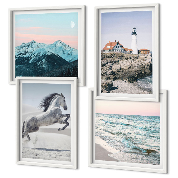 Composizione di 4 quadri Cavalli, movimento, spiaggia, faro, montagne