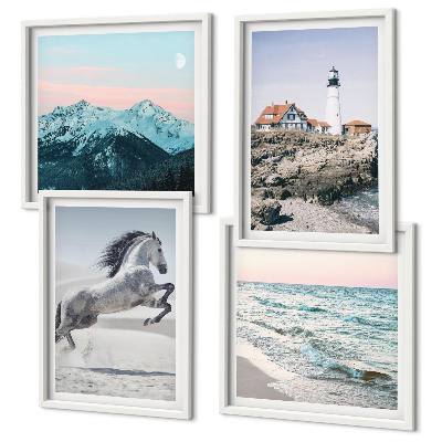 Composizione di 4 quadri Cavalli, movimento, spiaggia, faro, montagne