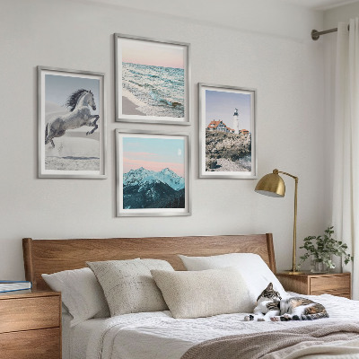 Composizione di 4 quadri Cavalli, movimento, spiaggia, faro, montagne