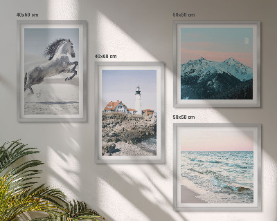 Composizione di 4 quadri Cavalli, movimento, spiaggia, faro, montagne