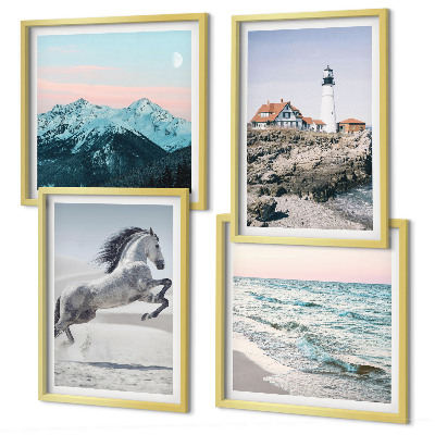 Composizione di 4 quadri Cavalli, movimento, spiaggia, faro, montagne