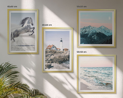 Composizione di 4 quadri Cavalli, movimento, spiaggia, faro, montagne