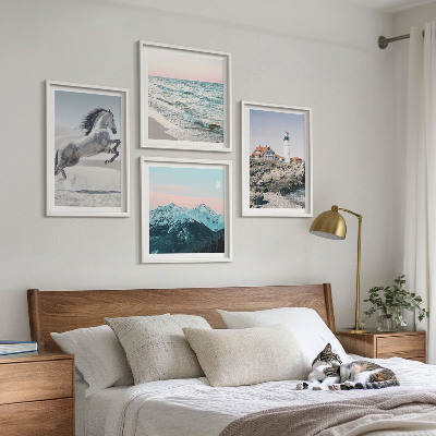 Composizione di 4 quadri Cavalli, movimento, spiaggia, faro, montagne