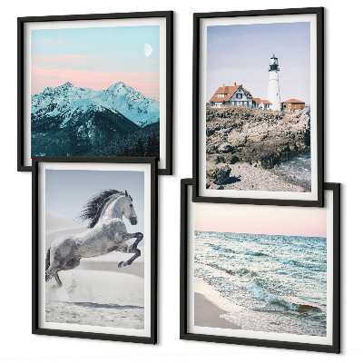 Composizione di 4 quadri Cavalli, movimento, spiaggia, faro, montagne