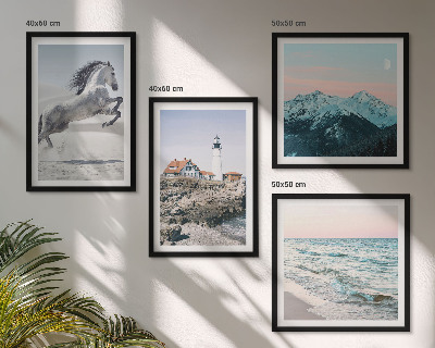 Composizione di 4 quadri Cavalli, movimento, spiaggia, faro, montagne