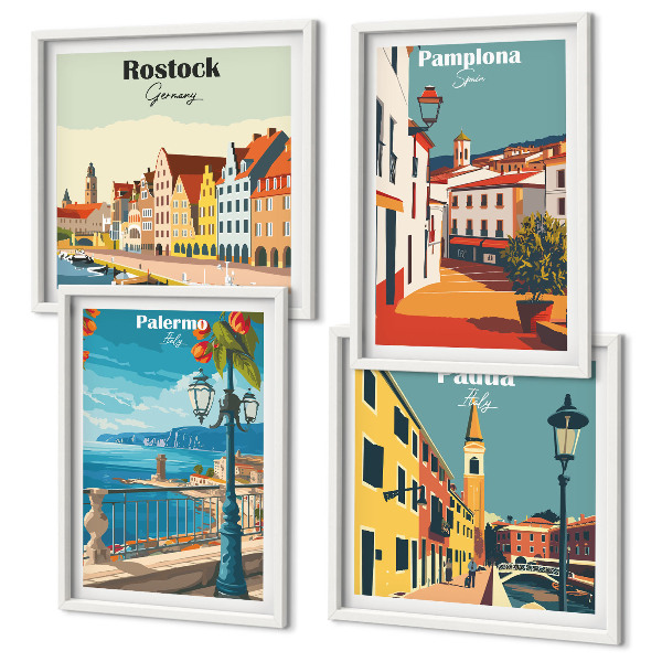 Composizione di 4 quadri Illustrazioni di città in stile retrò