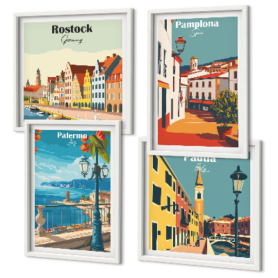 Composizione di 4 quadri Illustrazioni di città in stile retrò
