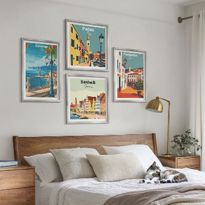 Composizione di 4 quadri Illustrazioni di città in stile retrò