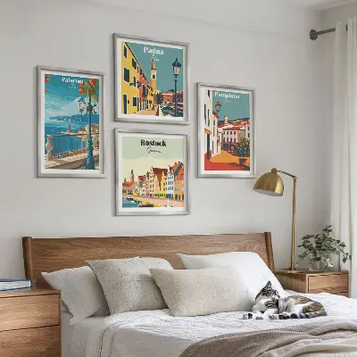 Set di 4 quadri con illustrazioni di città in stile retrò set di 4 stampe decorative