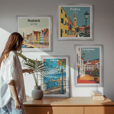 Composizione di 4 quadri Illustrazioni di città in stile retrò