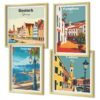 Composizione di 4 quadri Illustrazioni di città in stile retrò