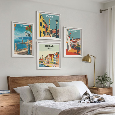 Composizione di 4 quadri Illustrazioni di città in stile retrò