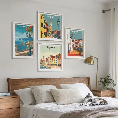 Set di 4 quadri con illustrazioni di città in stile retrò set di 4 stampe decorative