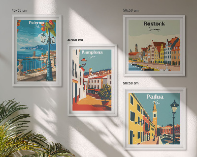 Composizione di 4 quadri Illustrazioni di città in stile retrò