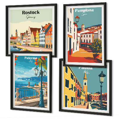 Composizione di 4 quadri Illustrazioni di città in stile retrò