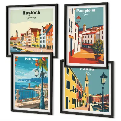 Set di 4 quadri con illustrazioni di città in stile retrò set di 4 stampe decorative