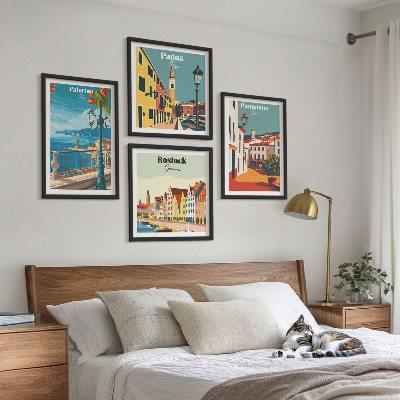 Composizione di 4 quadri Illustrazioni di città in stile retrò