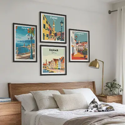 Set di 4 quadri con illustrazioni di città in stile retrò set di 4 stampe decorative