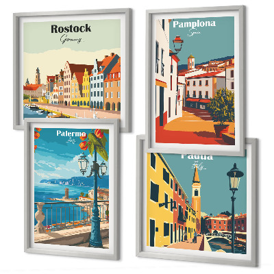 Composizione di 4 quadri Illustrazioni di città in stile retrò