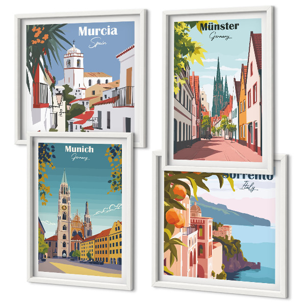 Polittico con cornice Illustrazioni a colori di città europee.