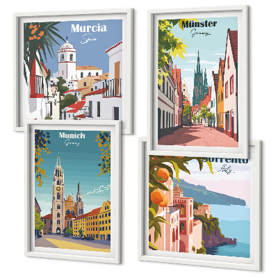 Polittico con cornice Illustrazioni a colori di città europee.