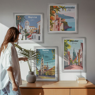 Polittico con cornice Illustrazioni a colori di città europee.