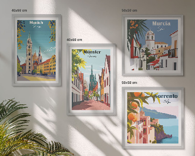 Polittico con cornice Illustrazioni a colori di città europee.