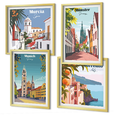 Polittico con cornice Illustrazioni a colori di città europee.